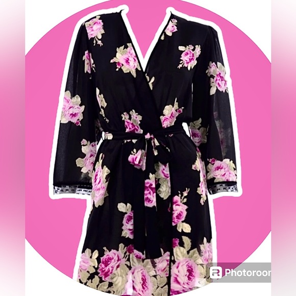Oscar de La Renta Pink Label Robe Kimono Style Black/pink roses Like new - Picture 6 of 7